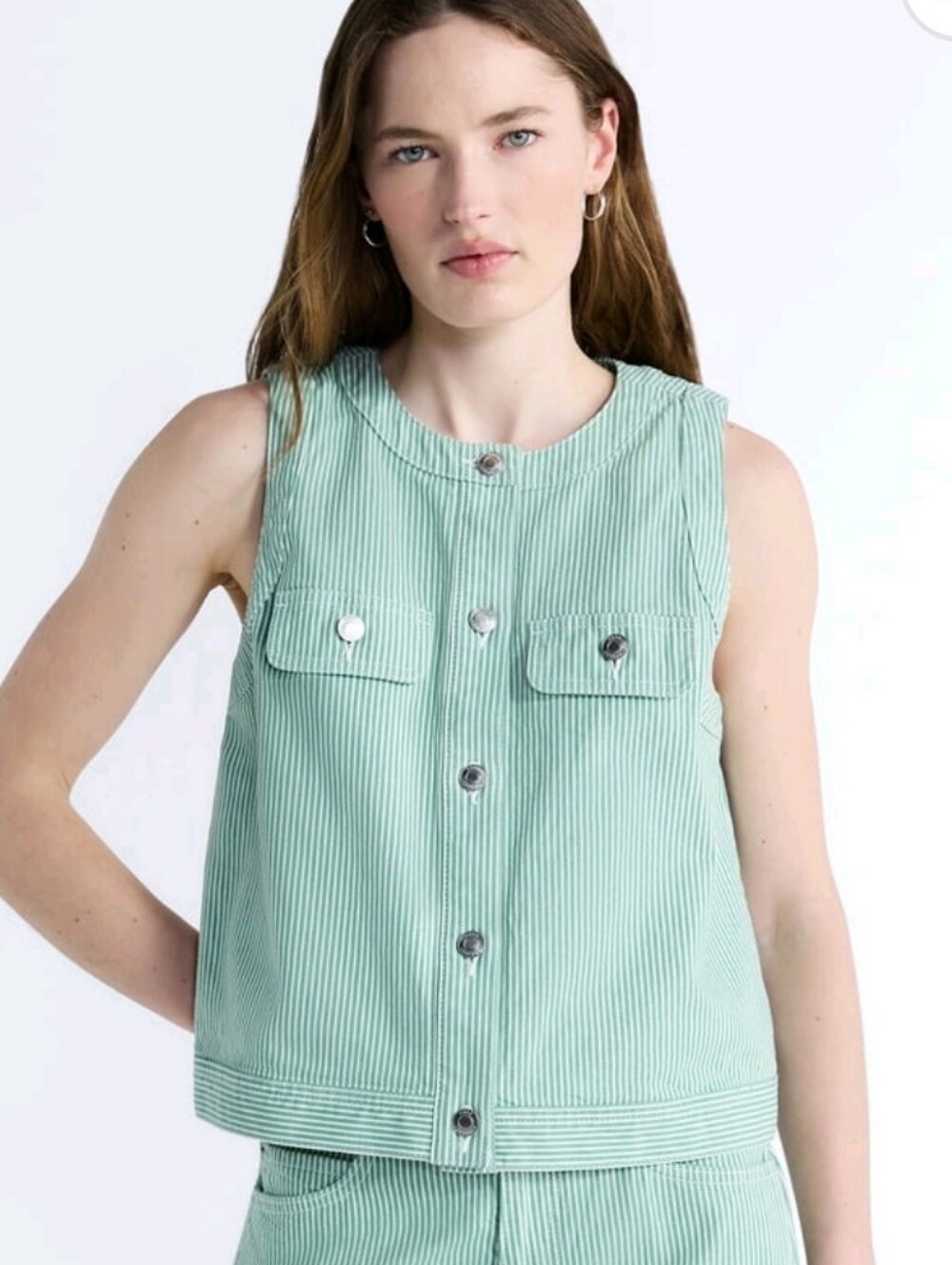 Sleeveless Mint Striped Button-Front Top